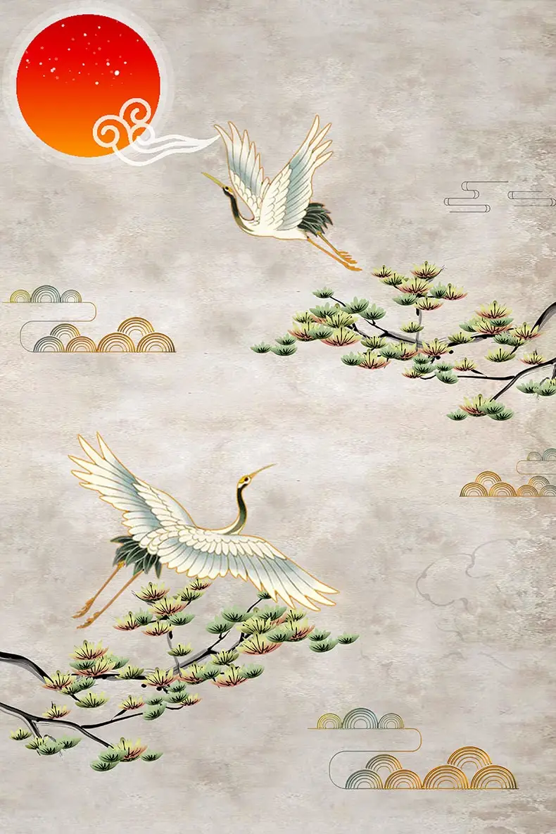 日本和风白鹤中国风中式古典纹理祥云仙鹤水墨psd海报