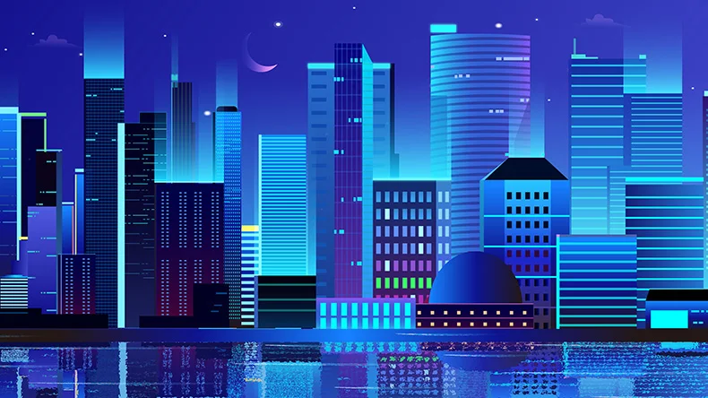 霓虹渐变绚丽城市灯光夜景地标建筑插画手绘ai矢量设计素材图