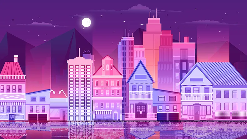 霓虹渐变绚丽城市灯光夜景地标建筑插画手绘ai矢量设计素材图