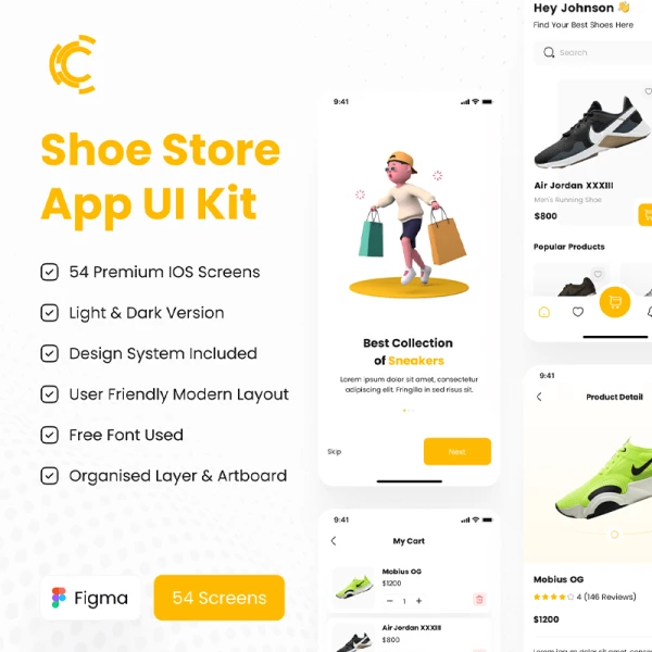 运动鞋商店应用UI设计套件工具包54屏 Shoe Store App UI Kit .figma