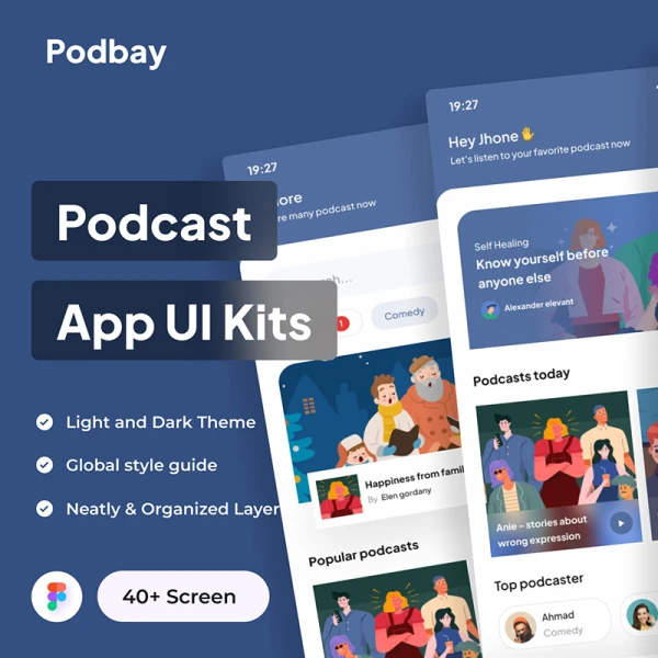 播客电台音乐播放器应用设计套件 Podbay - Podcast App UI Kits .figma