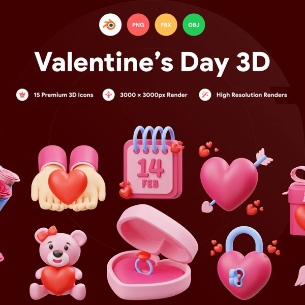 情人节婚礼喜庆元素3D图标模型 Valentines 3D Illustration .blender