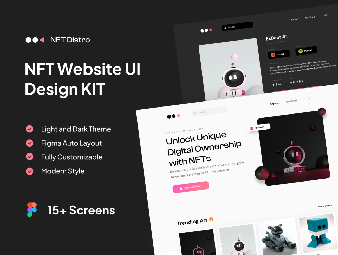 NFT平台交易数字藏品网站UI设计套件15屏 NFT Distro - NFT Website UI Design KIT-UI/UX、ui套件、主页、介绍、付款、应用、电子钱包、网站-到位啦UI