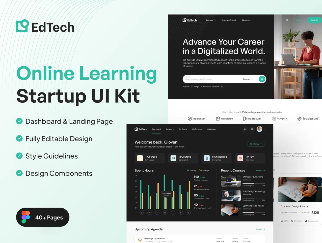 EdTech-在线学习创业公司Web UI工具包 EdTech - Online Learning Startup Web UI Kit figma格式缩略图到位啦UI