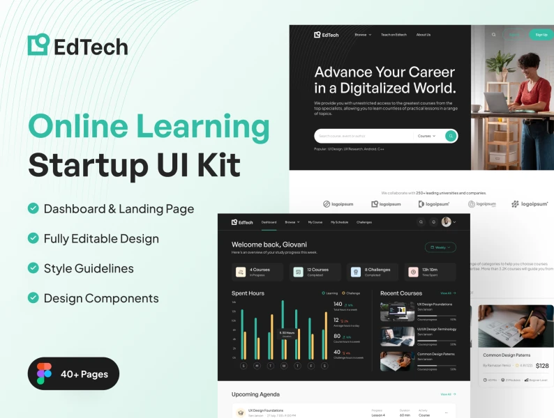 EdTech-在线学习创业公司Web UI工具包 EdTech - Online Learning Startup Web UI Kit figma格式