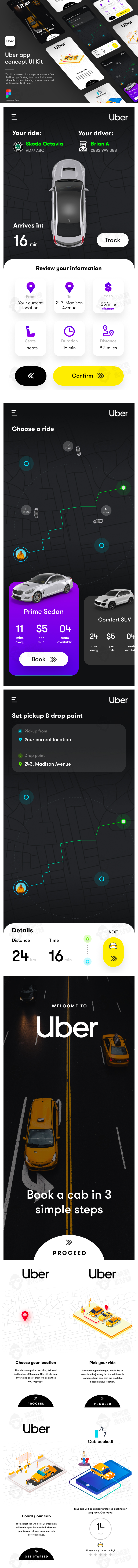 扁平共享预约uber租车快车智能交通工具手机应用APP界面设计素材-UI/UX-到位啦UI
