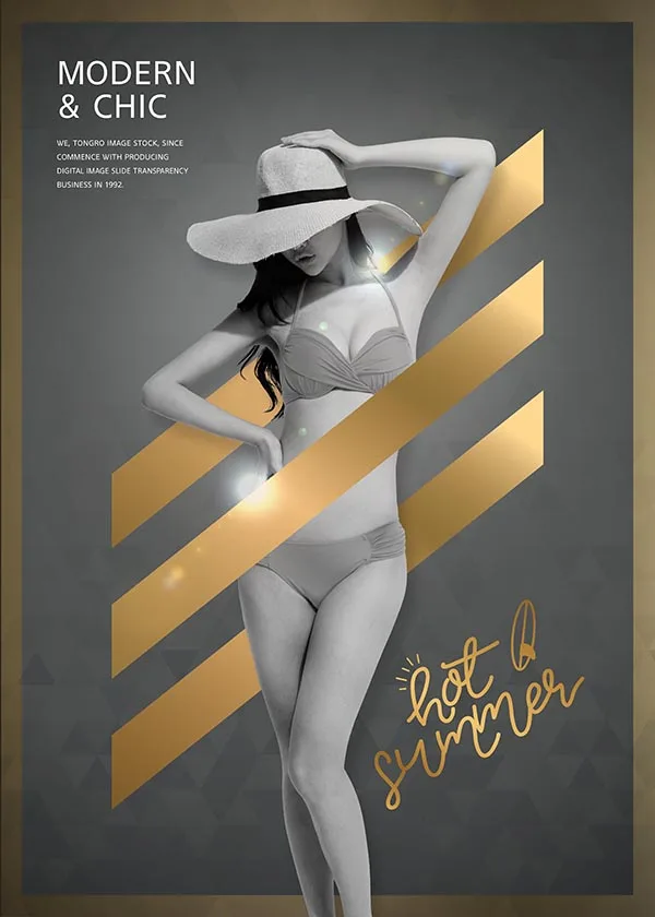 金色夏季泳装美女奢华女装海报活动促销植物背景PSD分层素材-人物模特、海报素材-到位啦UI