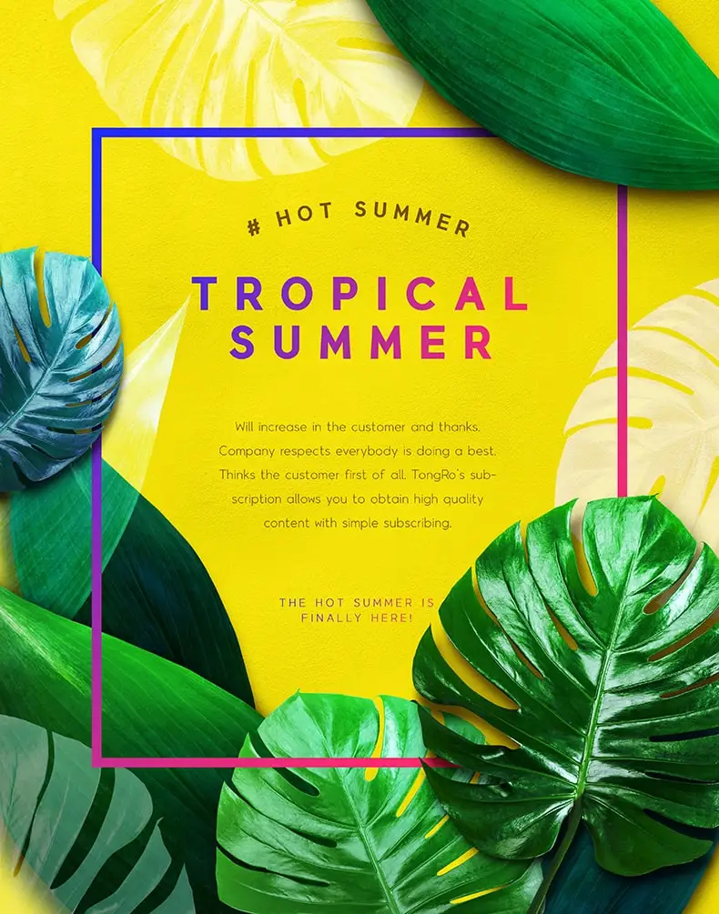 ins风热带植物芭蕉叶夏季邀请函海报PSD分层模板设计素材-插画、海报素材-到位啦UI