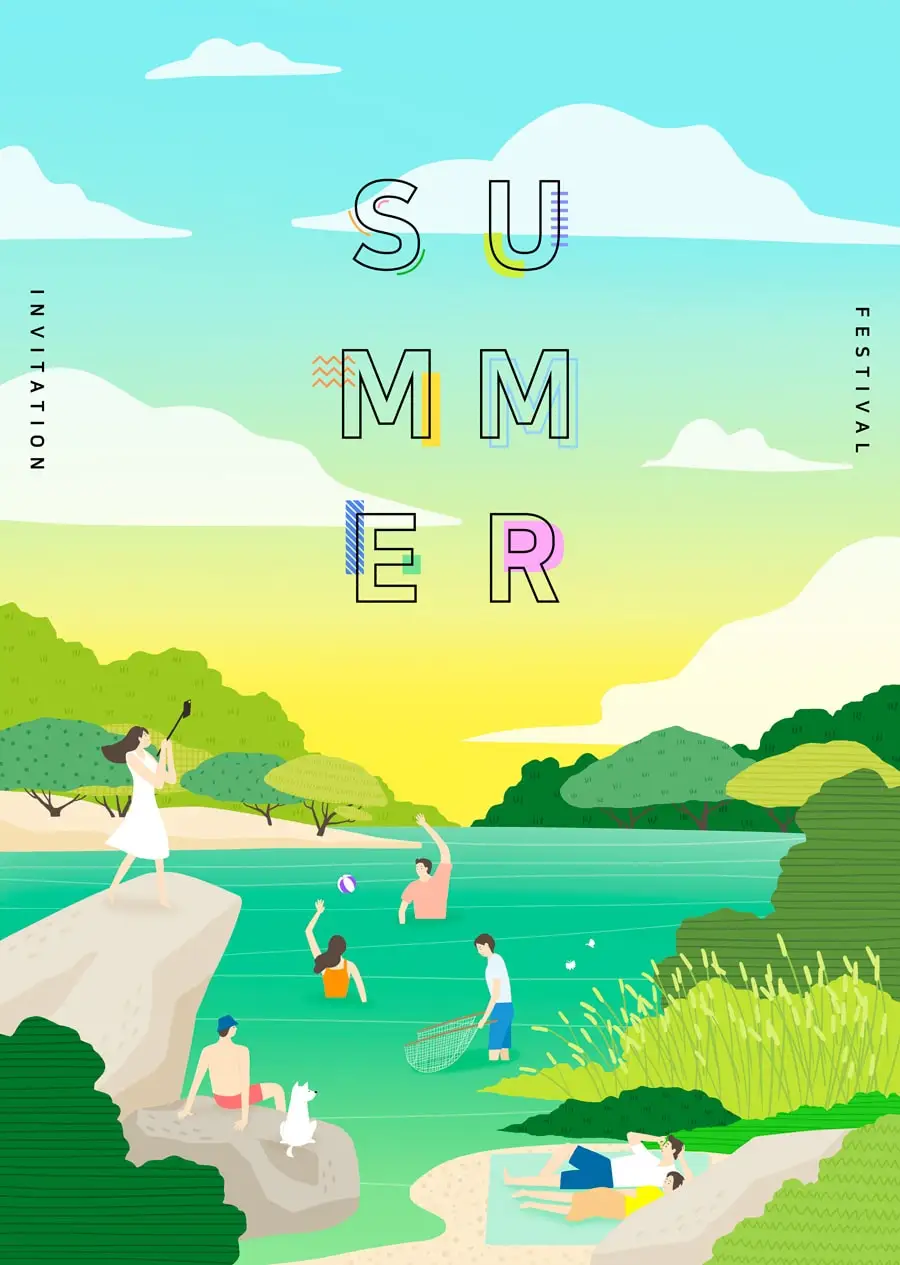 夏季休闲旅游沙滩海边活动海报模板游泳度假卡通人物PSD素材-人物模特、图案设计、平面广告、插画、海报素材、设计元素-到位啦UI