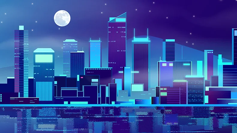 霓虹渐变绚丽城市灯光夜景地标建筑插画手绘ai矢量设计素材图-插画、背景素材-到位啦UI