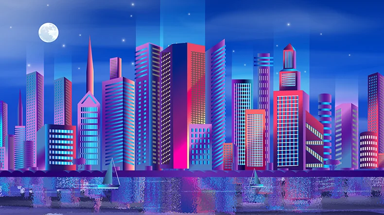 霓虹渐变绚丽城市灯光夜景地标建筑插画手绘ai矢量设计素材图-插画、背景素材-到位啦UI