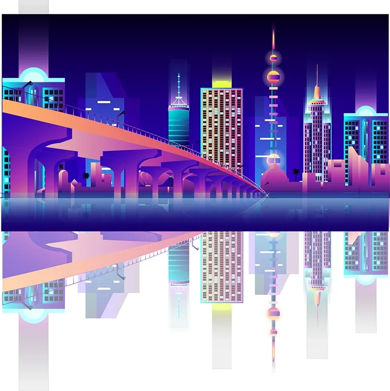 复古潮流炫彩霓虹激光渐变城市建筑夜景蒸汽波AI矢量设计素材-插画、海报素材、背景素材-到位啦UI