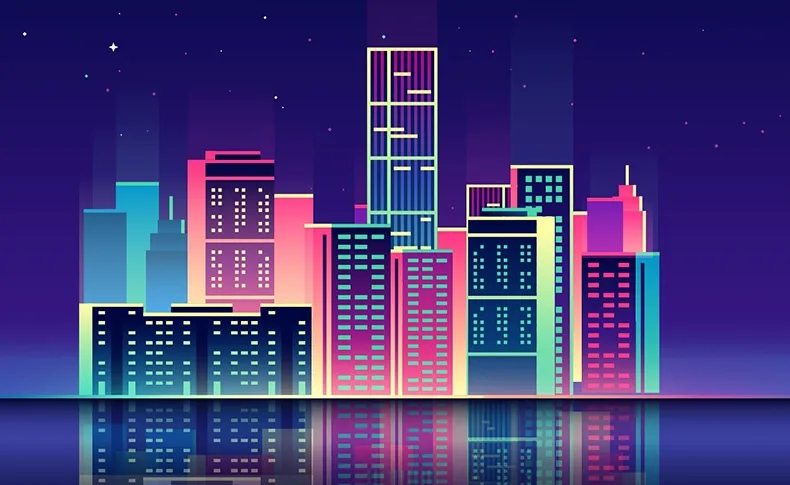 复古潮流炫彩霓虹激光渐变城市建筑夜景蒸汽波AI矢量设计素材-插画、海报素材、背景素材-到位啦UI