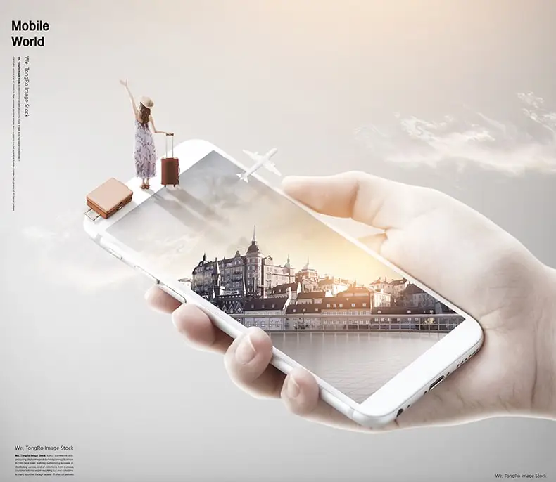 创意3D手机建筑科技特效场景旅游海报合成PSD广告设计素材-海报素材-到位啦UI