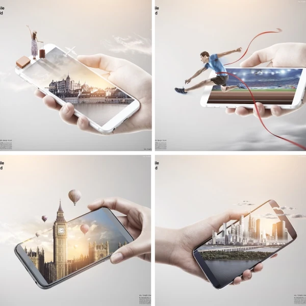 创意3D手机建筑科技特效场景旅游海报合成PSD广告设计素材
