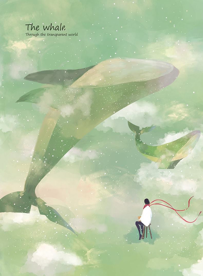 唯美鲸鱼天空女孩插画艺术梦幻壁纸星空海洋背景PSD设计素材-插画-到位啦UI