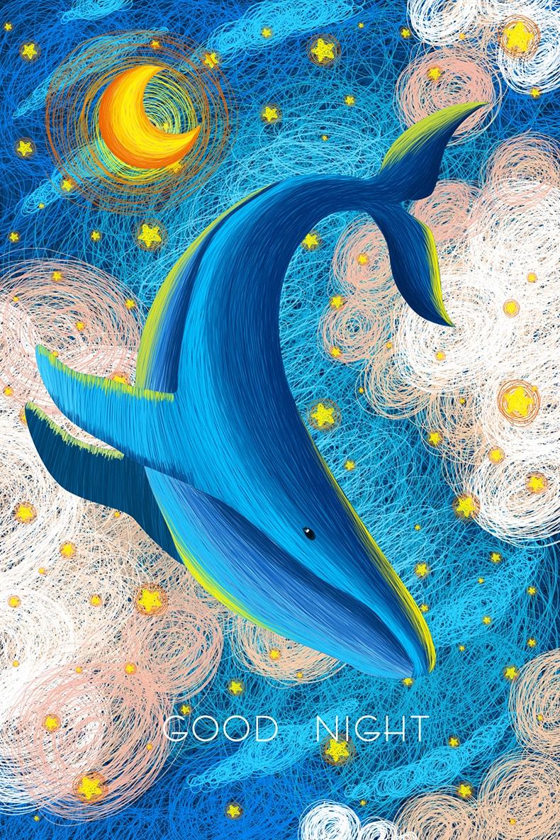 唯美鲸鱼天空女孩插画艺术梦幻壁纸星空海洋背景PSD设计素材-插画-到位啦UI