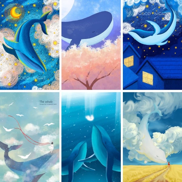 唯美鲸鱼天空女孩插画艺术梦幻壁纸星空海洋背景PSD设计素材