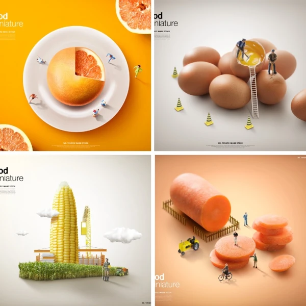 创意有趣可爱微观放大食物蔬菜汉堡玉米海报背景PSD设计素材