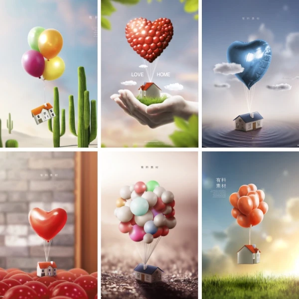创意爱心气球幸福家庭房屋房子租房广告海报背景PSD设计素材