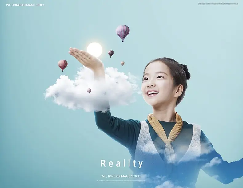 创意儿童摄影写真合成海报白云云朵小学生男女孩PSD设计素材-海报素材-到位啦UI