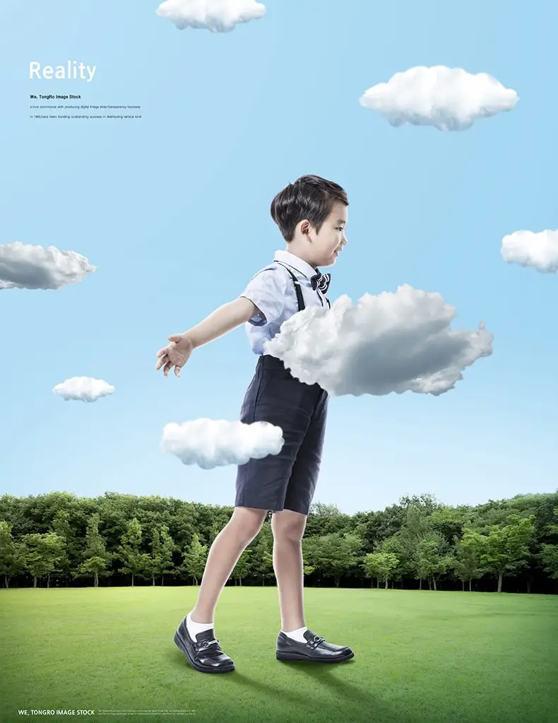 创意儿童摄影写真合成海报白云云朵小学生男女孩PSD设计素材-海报素材-到位啦UI