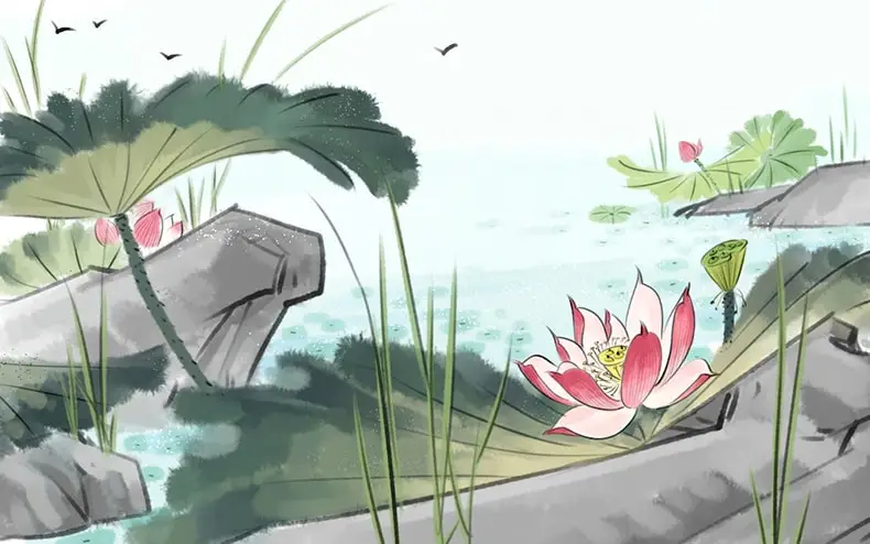 工笔画水彩水墨荷花古风中式手绘中国风荷花莲花PSD设计素材-插画、背景素材-到位啦UI