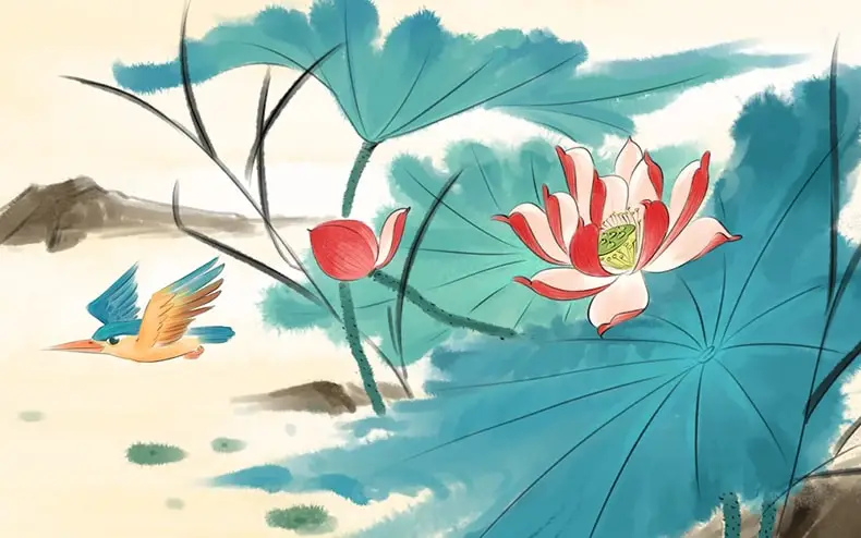 工笔画水彩水墨荷花古风中式手绘中国风荷花莲花PSD设计素材-插画、背景素材-到位啦UI