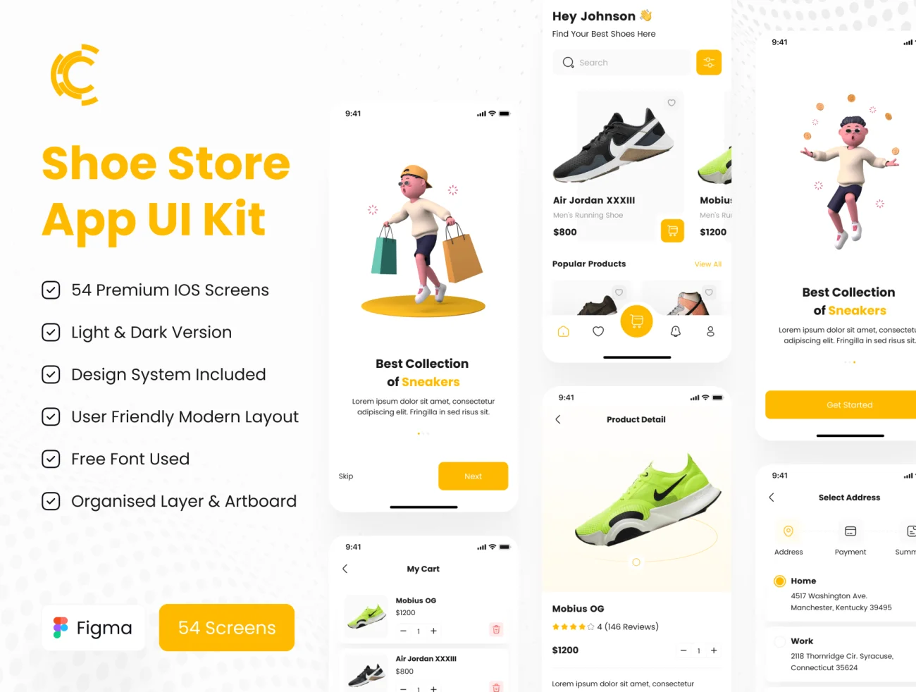 运动鞋商店应用UI设计套件工具包54屏 Shoe Store App UI Kit .figma-UI/UX、ui套件、主页、应用、网购、详情-到位啦UI