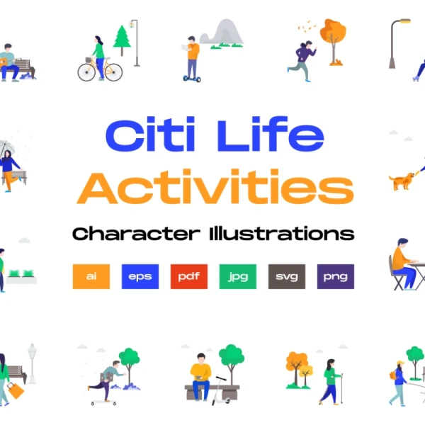 City Life Activities Illustrations 都市生活相关运动工作生活矢量插图