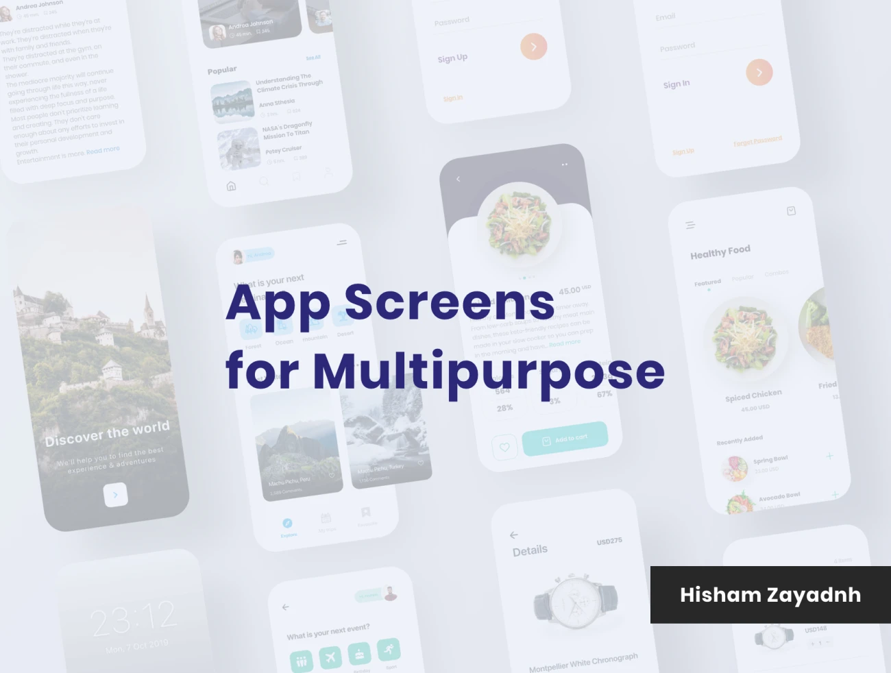 App Screens for Multipurpose 多用途多场景美食外卖旅游出行博客登录电商闹钟应用界面设计-UI/UX、专题页面-到位啦UI