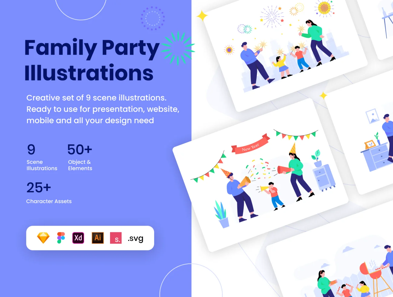 Family Party Illustrations KIT家庭聚会插图套件-人物模特、插画-到位啦UI