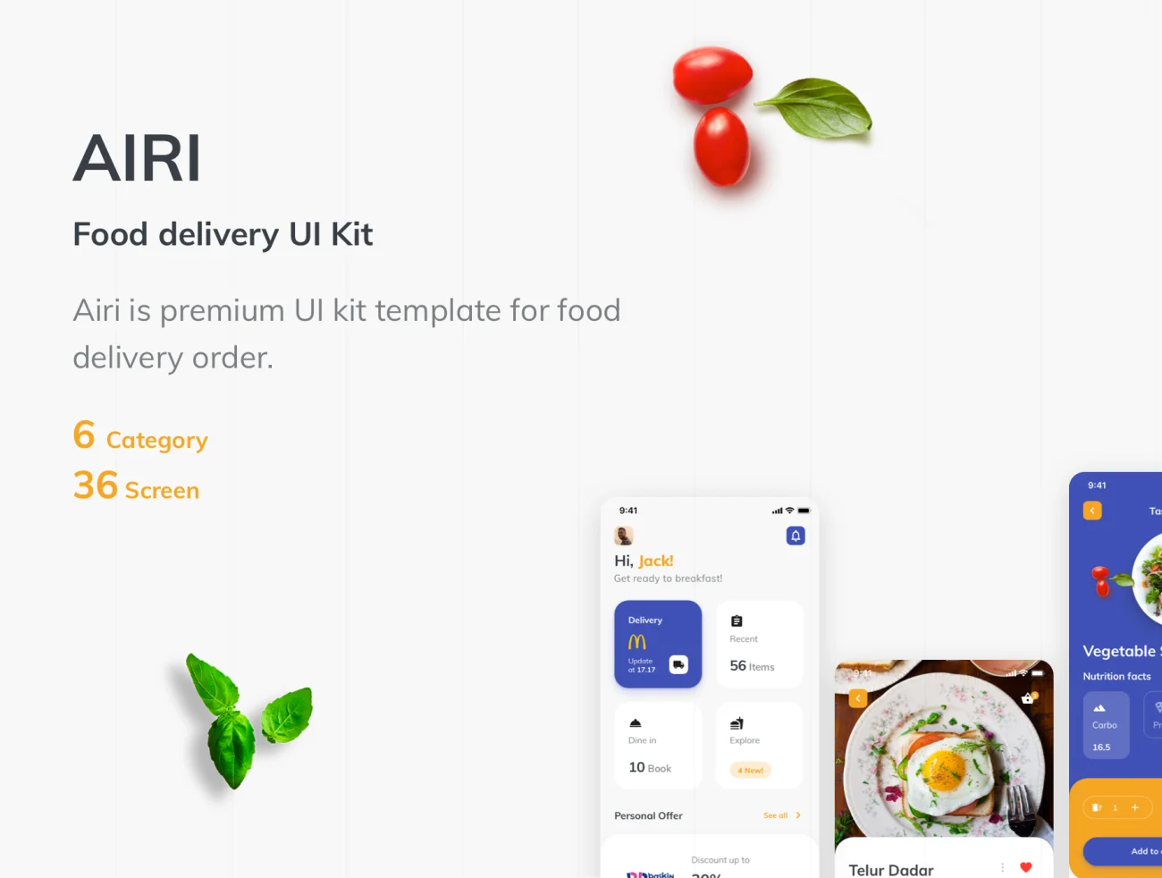 AIRI UI Kit 点餐外卖UI套件-UI/UX、ui套件、主页、介绍、付款、列表、卡片式、应用、引导页、支付、数据可视化-仪表板、注册、电子钱包、登录页、着陆页、网站、网购、预订-到位啦UI