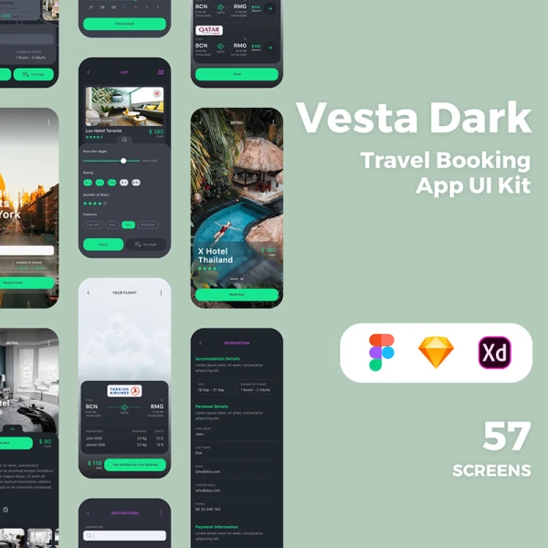 Vesta Dark Travel Booking App UI Kit Vesta 暗黑模式旅游出行景点线路酒店机票 App UI套件