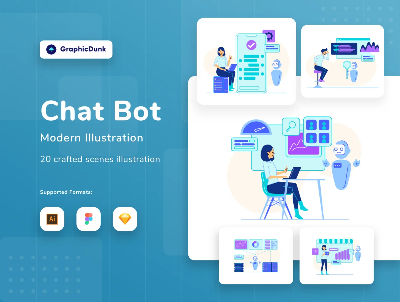 Chatbot Artificial Intelligence Illustration智能聊天机器人人机交互智能科技插画-人物插画、场景插画、插画、插画功能、插画风格、数据演示、概念创意、科技智能、线条手绘、职场办公、营销创业-到位啦UI