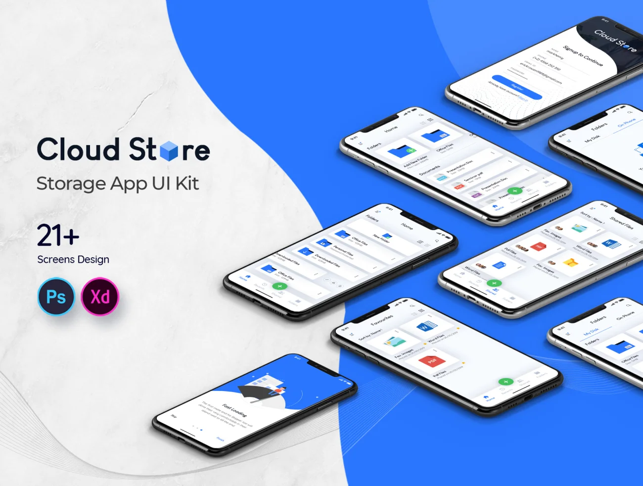Cloud Store Mobile App UI Kit  简洁大气云端文件存储云盘UI应用程序套件-UI/UX、ui套件、主页、介绍、列表、卡片式、应用、引导页、注册、登录页、着陆页、网站、表单、详情-到位啦UI