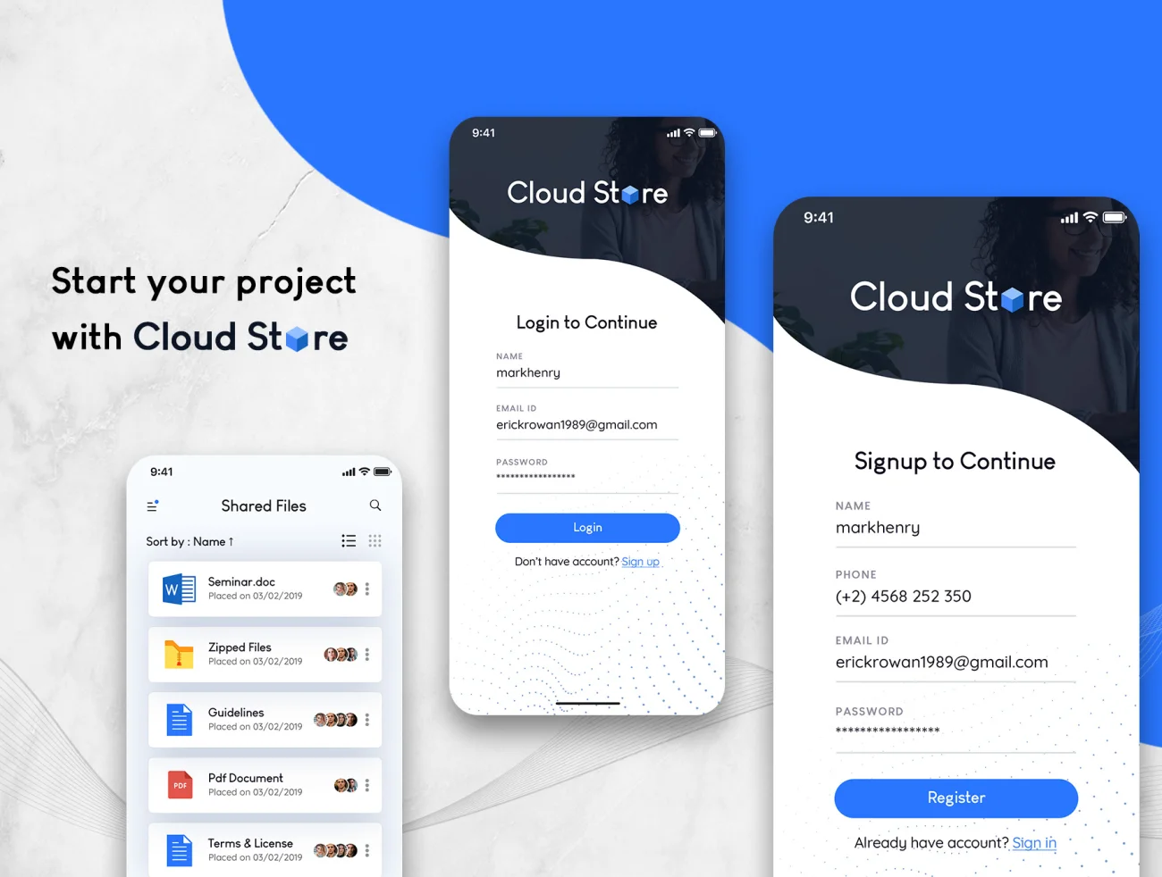 Cloud Store Mobile App UI Kit  简洁大气云端文件存储云盘UI应用程序套件-UI/UX、ui套件、主页、介绍、列表、卡片式、应用、引导页、注册、登录页、着陆页、网站、表单、详情-到位啦UI