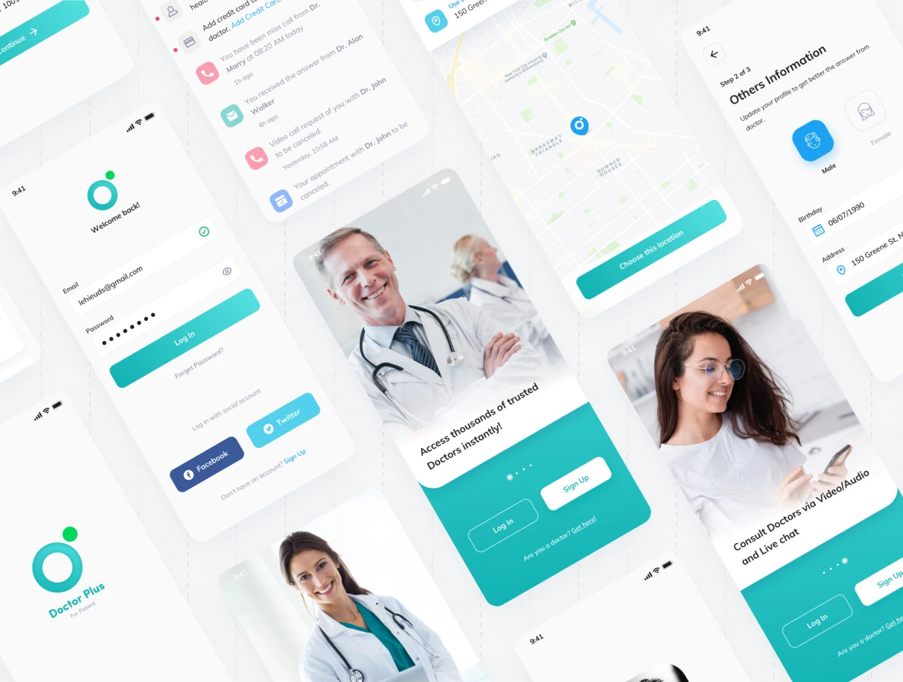 Doctor Plus For Patient iOS UI Kit Doctor Plus适用于医院医生医患平台的iOS UI套件-UI/UX、ui套件、主页、介绍、付款、列表、应用、引导页、播放器、支付、数据可视化-仪表板、注册、电子钱包、登录页、着陆页、网站、网购-到位啦UI