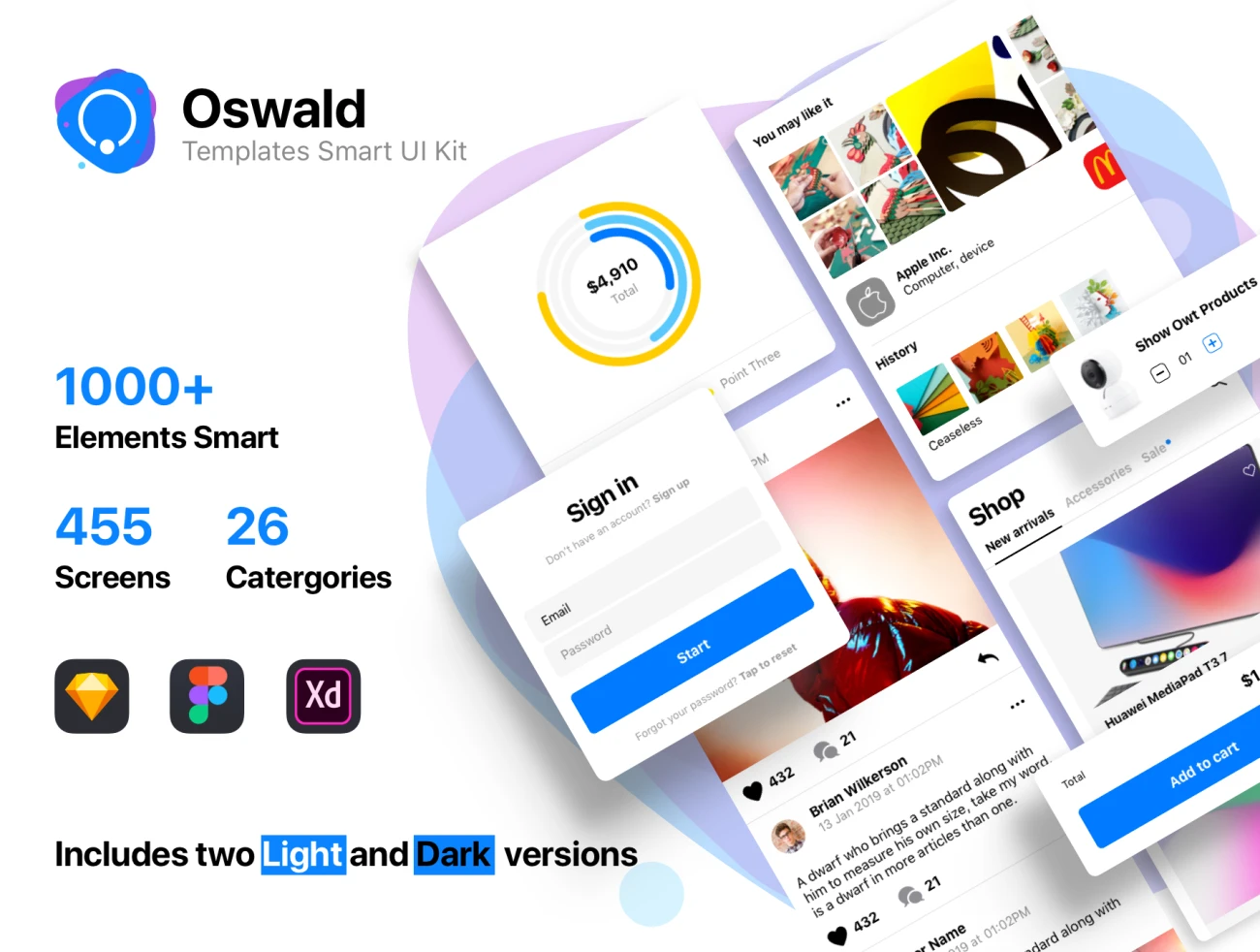 Oswald - Templates Smart UI Kit 智能模块明暗模式用户界面工具包-UI/UX、ui套件、列表、卡片式、图表、应用、支付、数据可视化-仪表板、网购、聊天、表单、预订-到位啦UI
