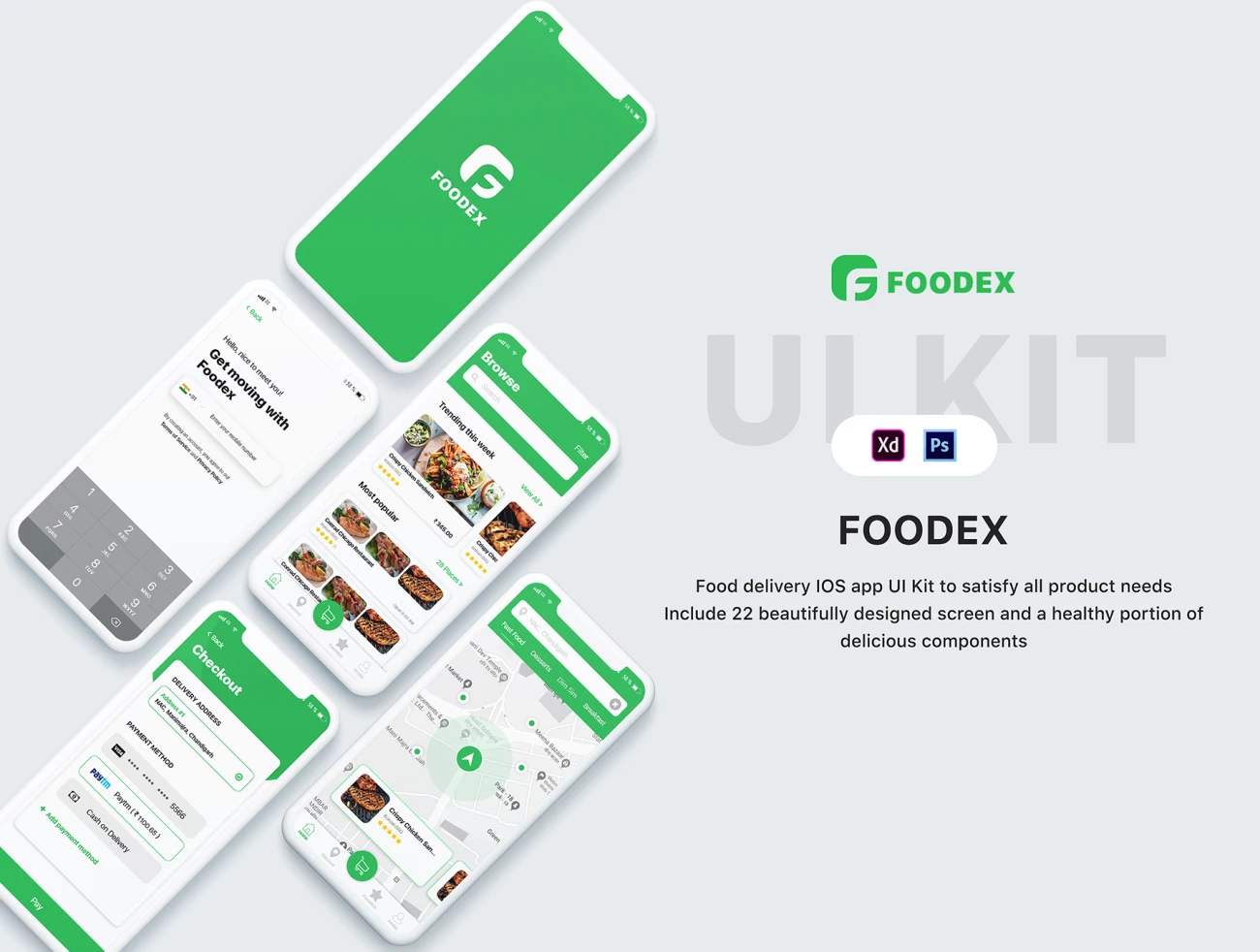 Foodex UI Kit 美食食材ui设计工具包-UI/UX、ui套件、主页、介绍、付款、列表、卡片式、地图、应用、引导页、支付、注册、登录页、着陆页、网站、网购-到位啦UI
