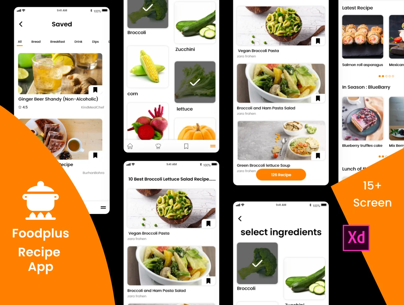 FoodPlus Recipe App美食食谱应用程序-UI/UX、ui套件、主页、介绍、列表、博客、应用、引导页、登录页、着陆页、网站、网购、详情-到位啦UI