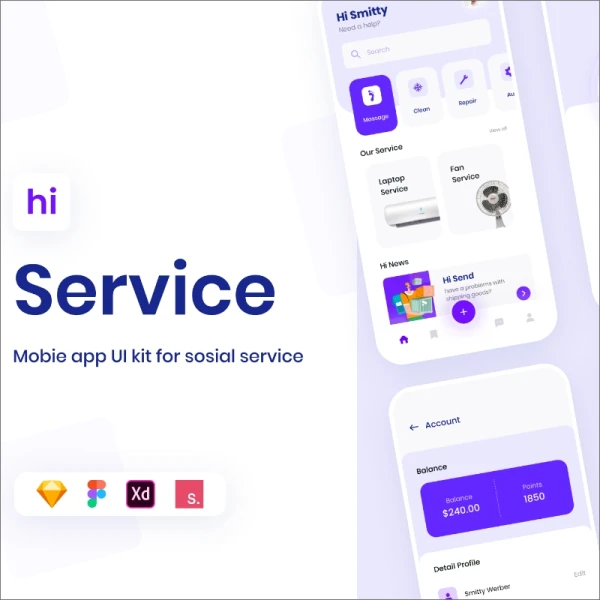 Hi Social Service App UI Kit 社交技能服务家电维修应用程序用户界面套件