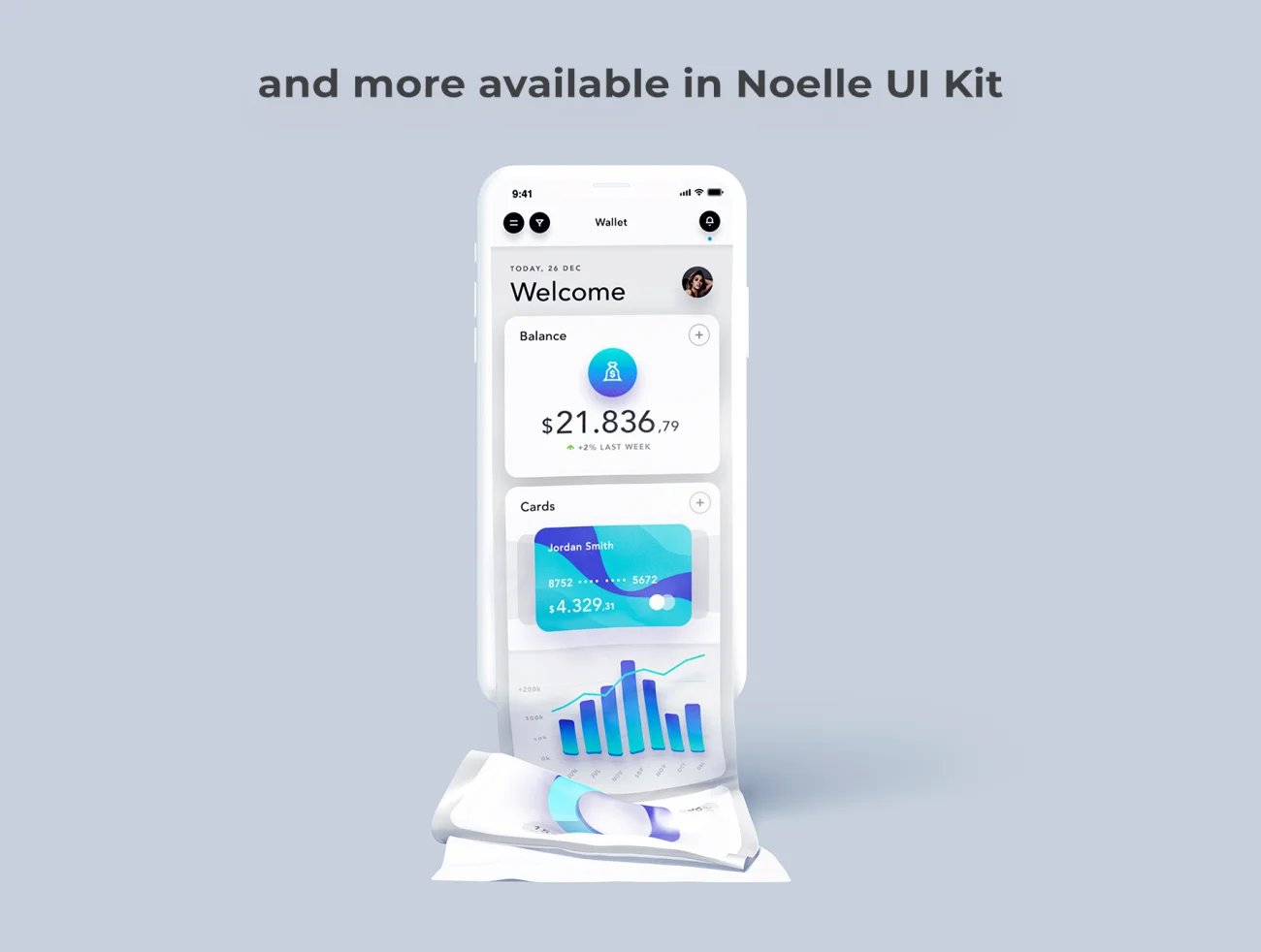 Noelle Mobile UI Kit 钱包加密货币手机端移动用户界面套件-UI/UX、ui套件、主页、介绍、付款、列表、卡片式、应用、引导页、支付、数据可视化-仪表板、电子钱包、登录页、着陆页、网购、表单-到位啦UI