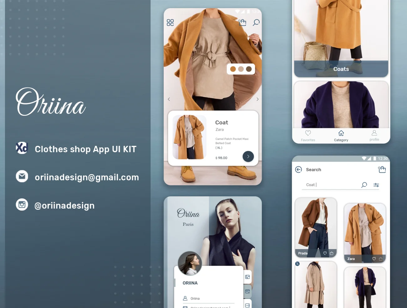 Oriina clothes shop UI Kit Oriina服装俯视购物电商Ui工具包-UI/UX、ui套件、主页、介绍、付款、列表、卡片式、应用、引导页、注册、登录页、着陆页、网站、网购-到位啦UI