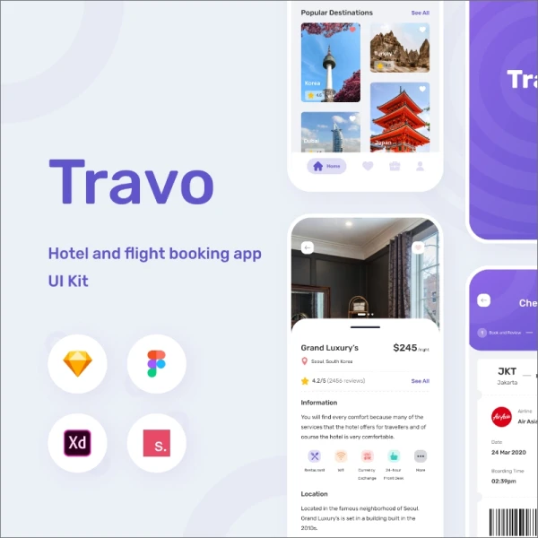 Travo Apps UI Kit  for Travel Flight and Hotel旅行航班酒店手机程序UI界面套件