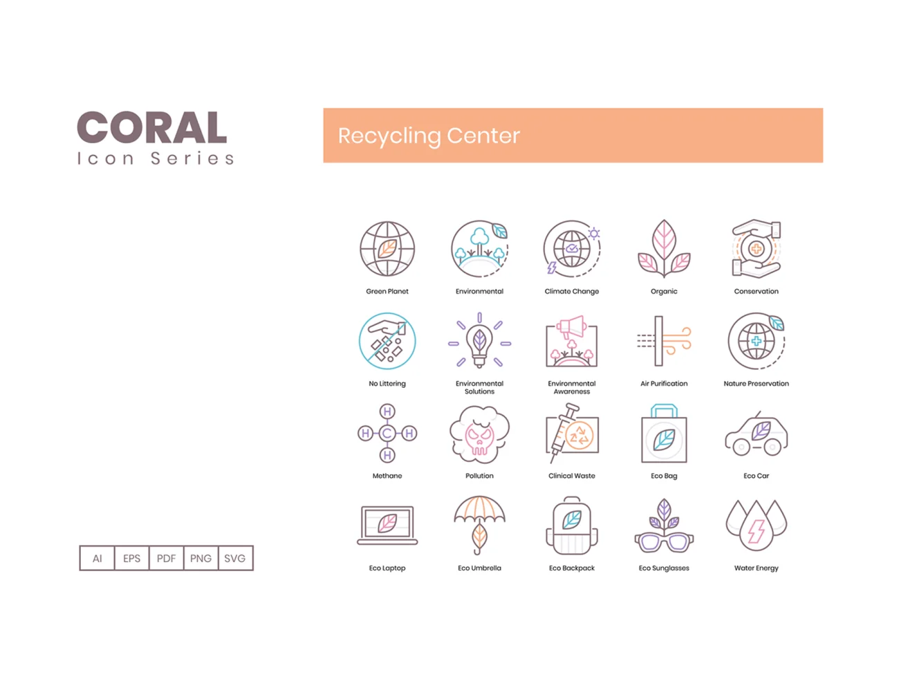 80 Recycling Center Icons Coral 80个垃圾回收环保再利用图标-3D/图标-到位啦UI