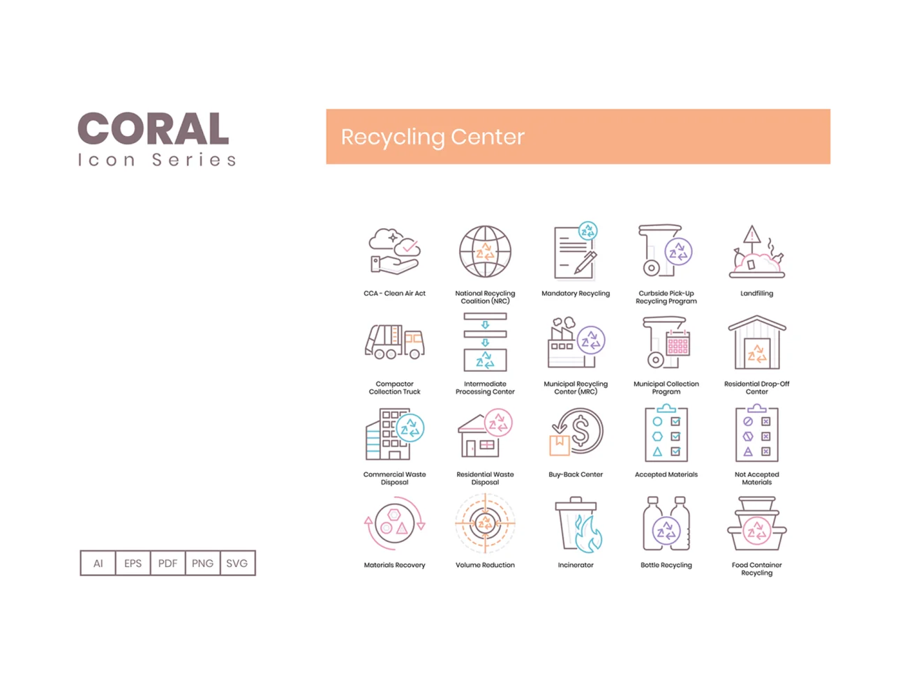80 Recycling Center Icons Coral 80个垃圾回收环保再利用图标-3D/图标-到位啦UI