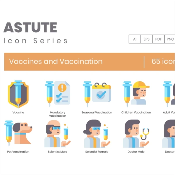 65 Vaccines and Vaccination Icons Astute Series 65种疫苗和疫苗系列图标
