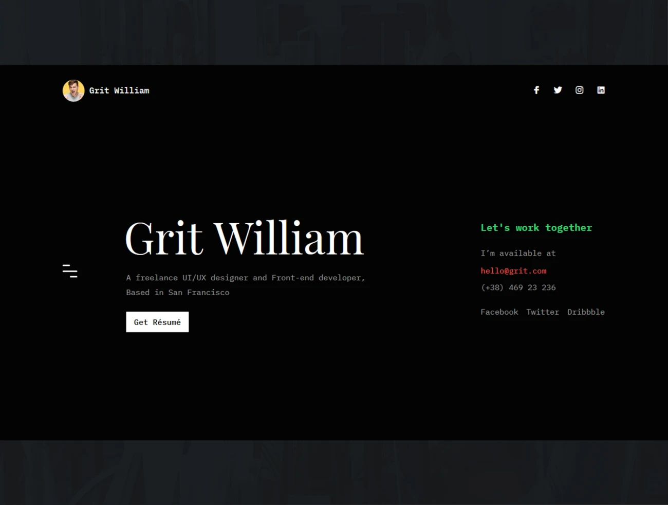 Grit - Portfolio CV Resume HTML Template 黑色炫酷设计师简历HTML模板-UI/UX、主页、介绍、列表、博客、卡片式、图表、引导页、注册、海报、源码、登录页、着陆页、网站、表单、详情、邮件-到位啦UI