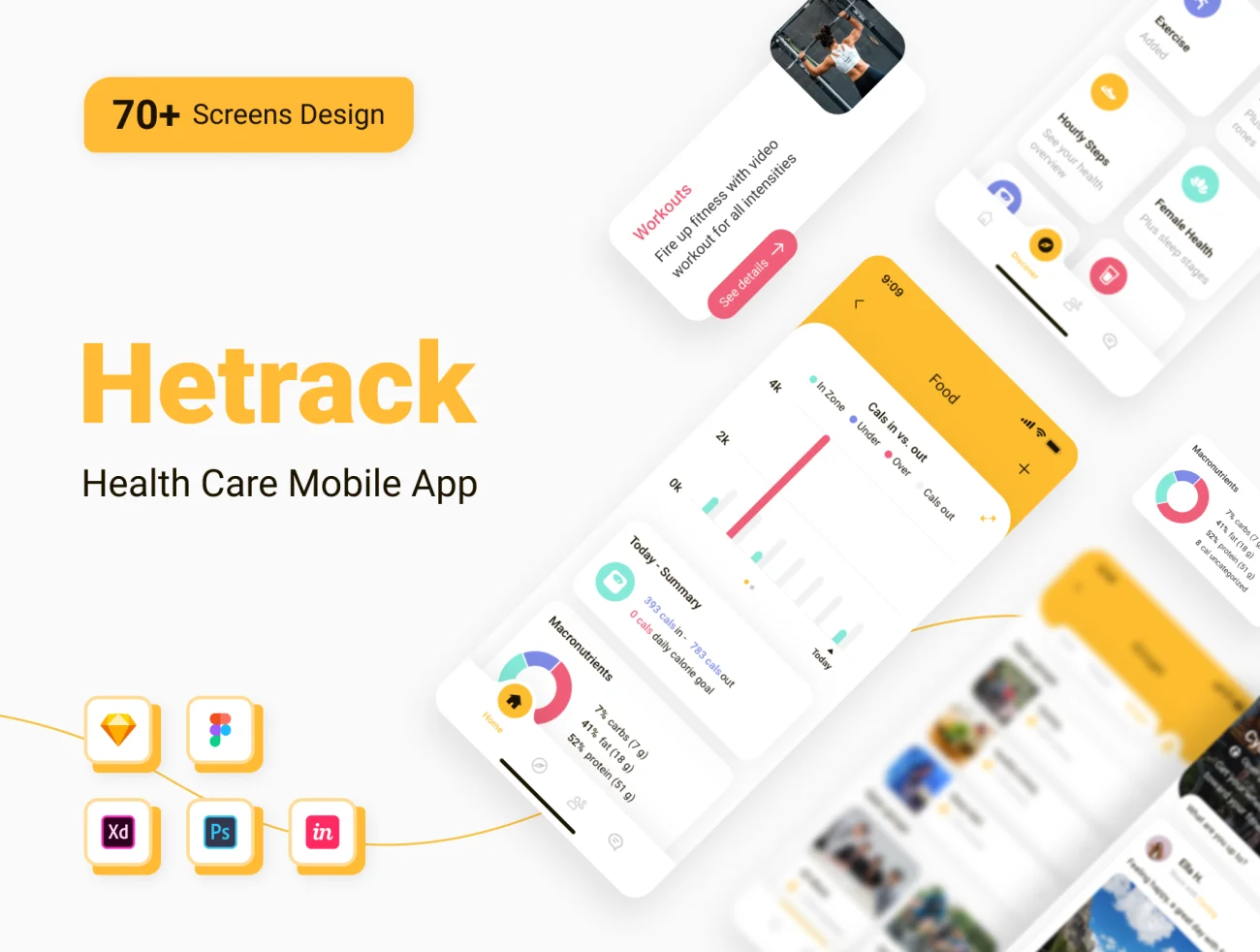 Hetrack - Health Care Mobile App Hetrack医疗保健移动应用程序-UI/UX、ui套件、主页、介绍、列表、博客、卡片式、图表、应用、引导页、注册、登录页、着陆页、社交、网站、聊天-到位啦UI